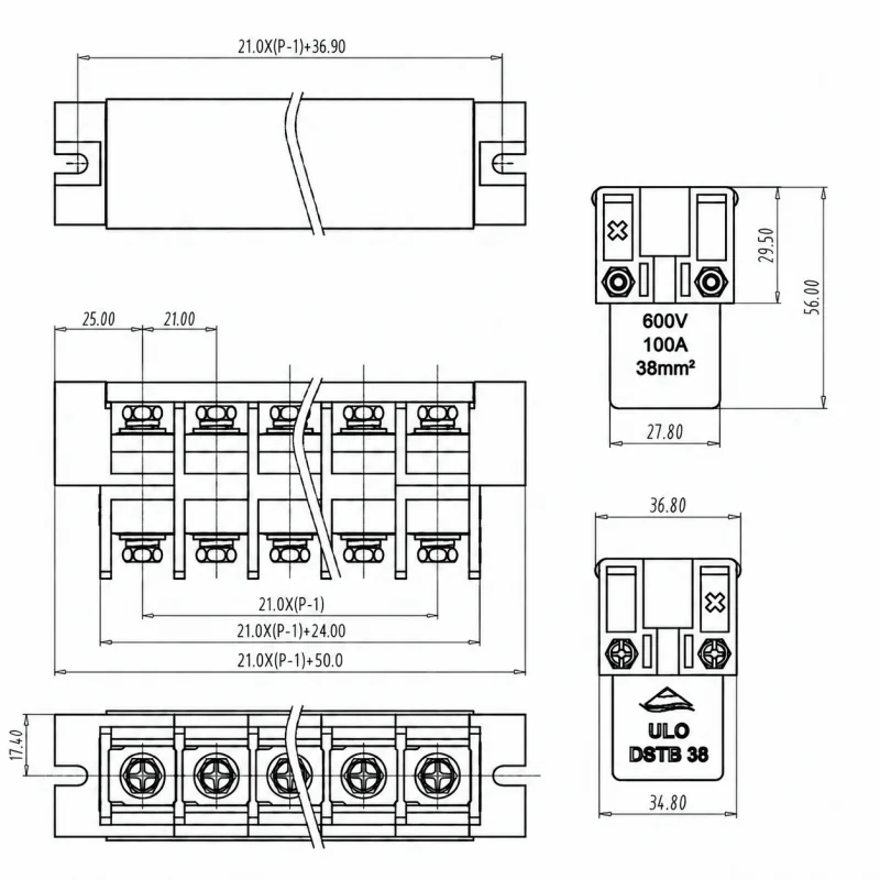 DSTB 38 terminal block 21mm pitch dimensions