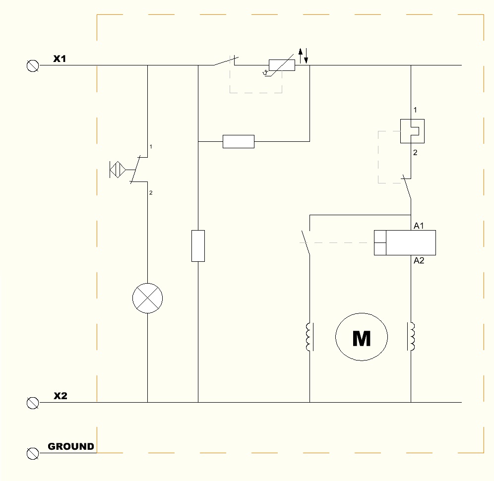 Domestic refrigerator circuit with relay coil A1–A2 in series with the main motor winding and a contact controlling the auxiliary winding