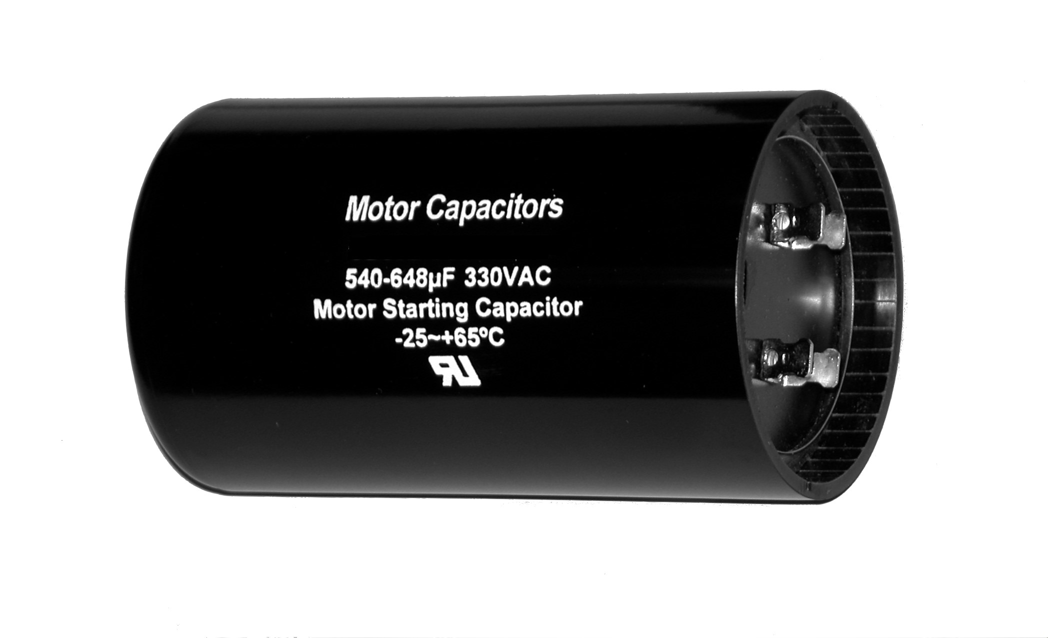 Black motor starting capacitor marked 540–648 microfarads, 330 VAC, and minus 25 to plus 65 degrees Celsius.