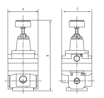 IR precision regulator front and side outline with A, B and C dimensions