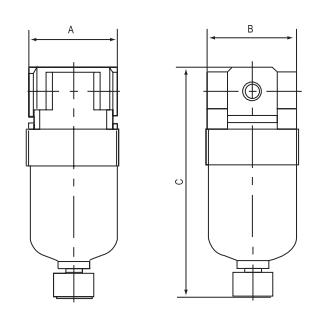 AF filter front and side outline identifying width, depth and height