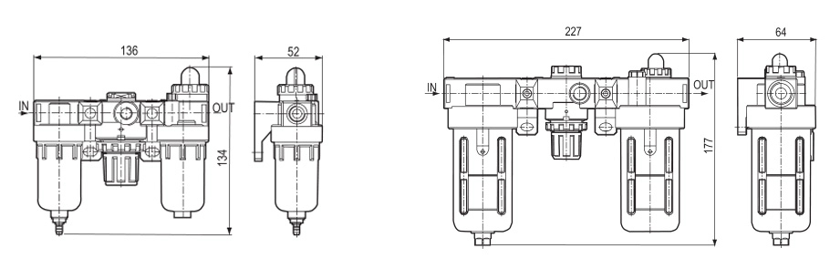 AC and BC unguarded and guarded combination outline drawings
