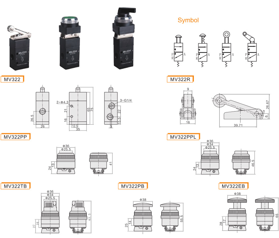 MV322 three-port symbols, valve body and seven actuator dimension drawings