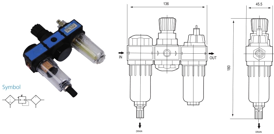 FRL700A pneumatic symbol and front and side dimensions