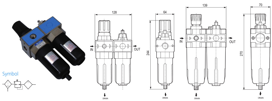 UFR/L two-unit outline drawings and pneumatic symbol