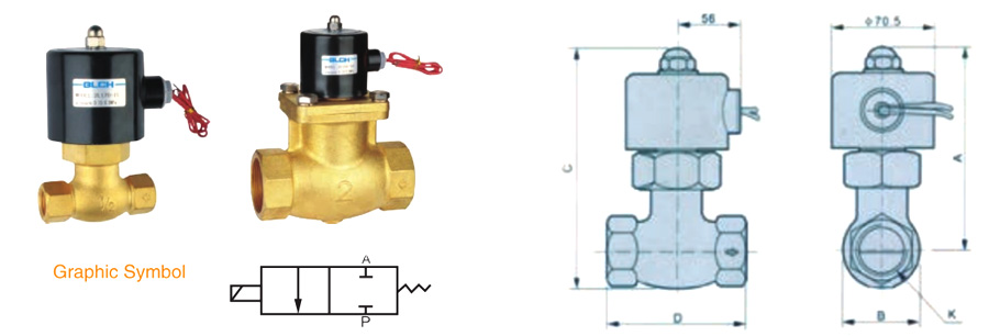 2L valve configurations, normally closed symbol and installation dimensions A through D and K