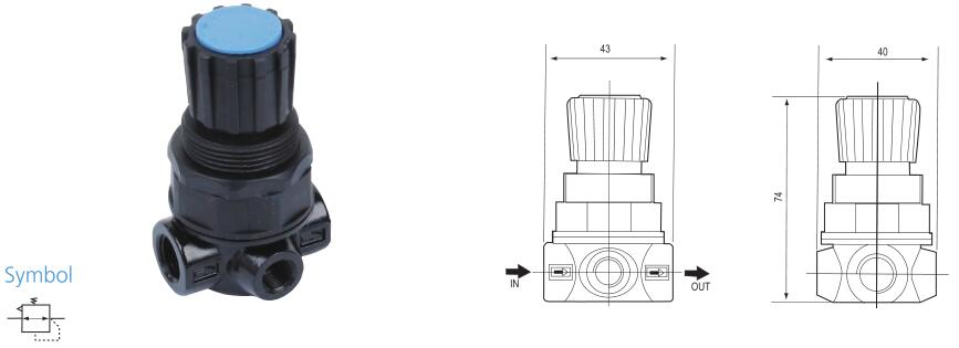 NR200 air-regulator outline and pneumatic symbol
