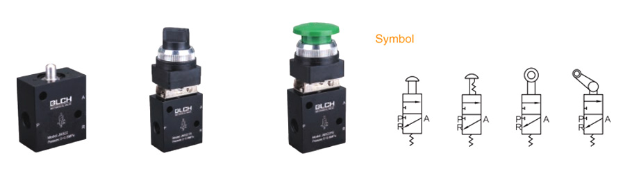 JM322 plunger, selector and large button valves with mechanical actuation symbols