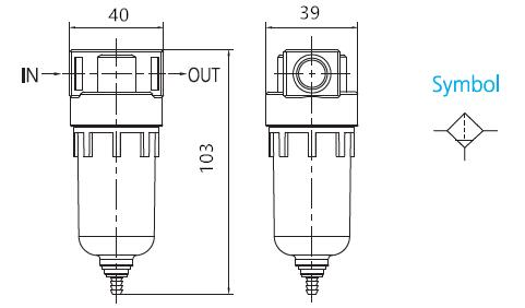 CF2000 filter outline with inlet, outlet, drain and pneumatic symbol
