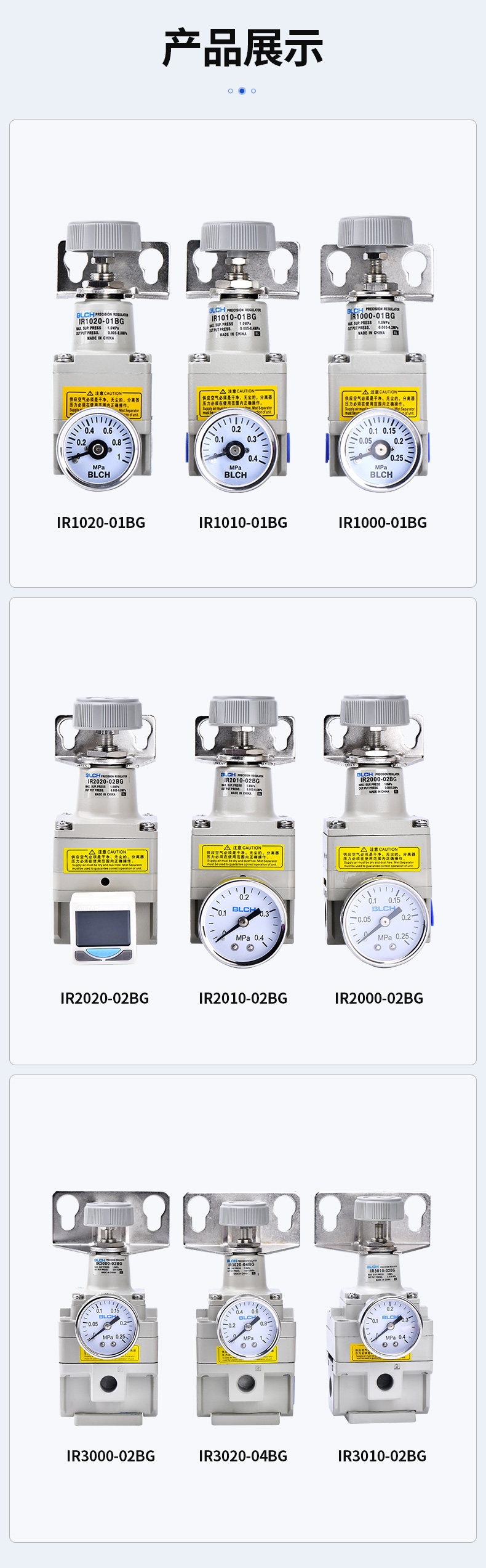IR1000, IR2000 and IR3000 precision regulator configurations with gauges and brackets