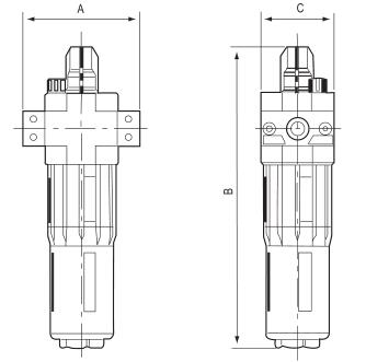 LOE lubricator front and side installation outline with A, B and C dimensions