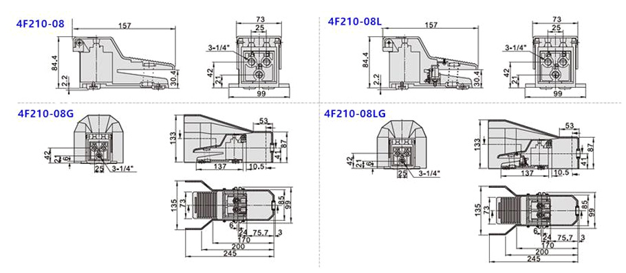 4F210 standard, locking, guarded and locking guarded foot valve dimensions