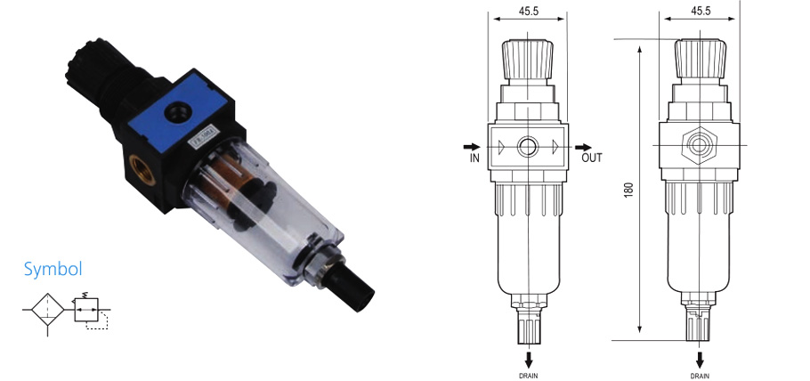 FR500A filter-regulator outline and pneumatic symbol