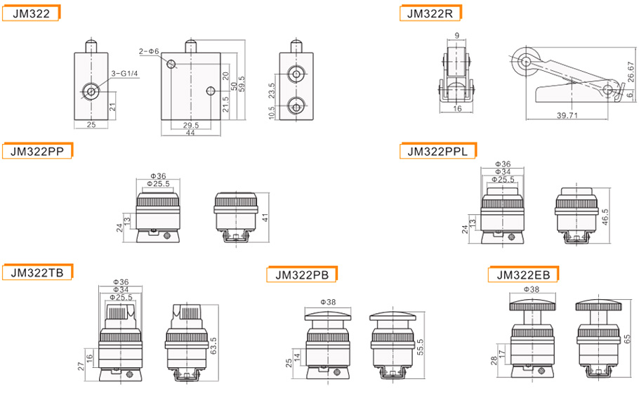 JM322 body and dimensions for R, PP, PPL, TB, PB and EB actuator heads