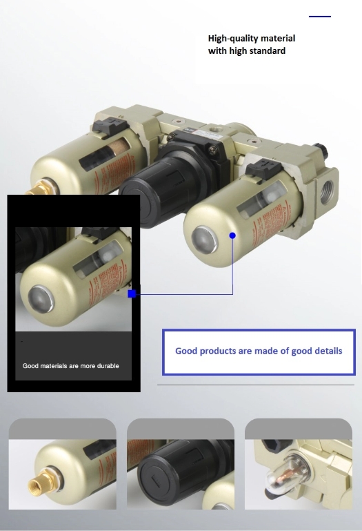 AC combination drain, regulator knob and lubricator details