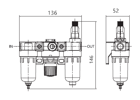 CC2000 outline with inlet, outlet and 136mm, 146mm and 52mm dimensions