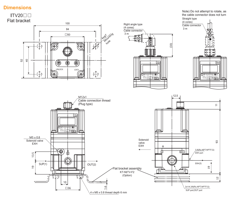ITV2000 flat bracket and pneumatic connection dimensions