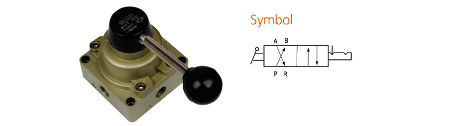 HV hand rotary valve and directional flow symbol with ports A, B, P and R