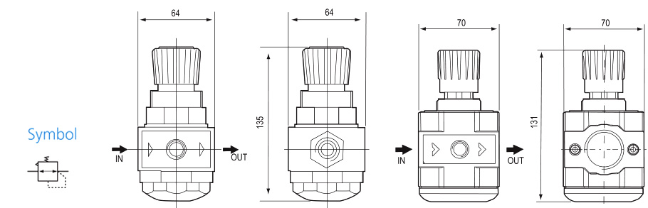 UR regulator front and side outlines with pneumatic symbol