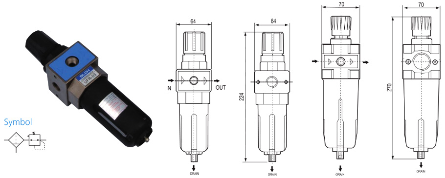 UFR filter-regulator outlines and pneumatic symbol