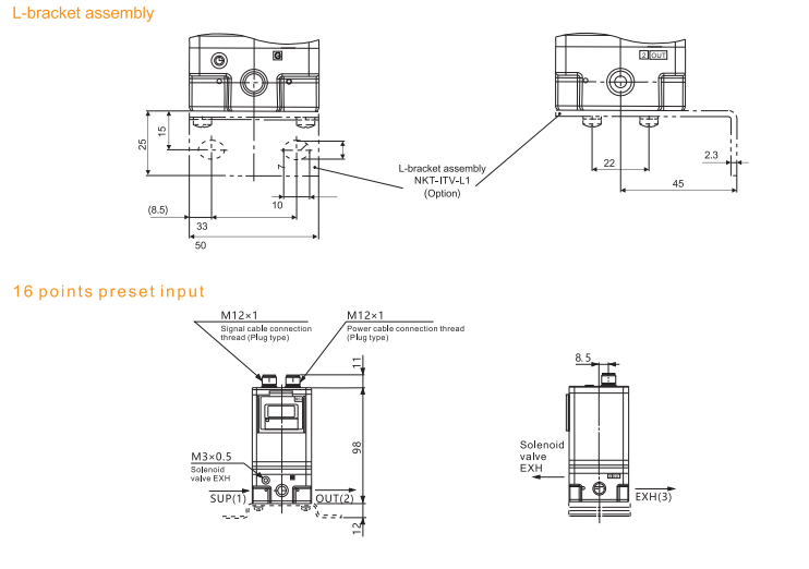 ITV1000 L-bracket dimensions and 16-point preset input configuration