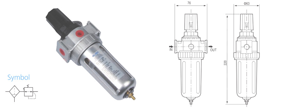 SFR filter-regulator pneumatic symbol and dimensioned outline