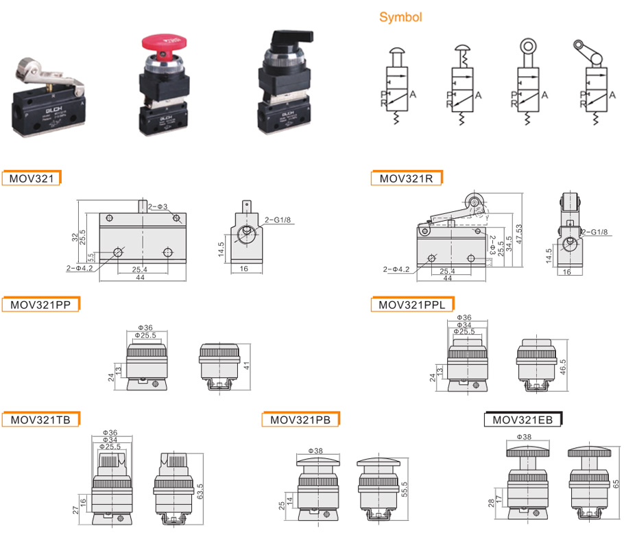MOV321 three-port flow symbols and dimensions for plunger, roller and five button options