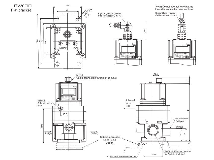 ITV3000 flat bracket and supply, outlet and exhaust connection outline