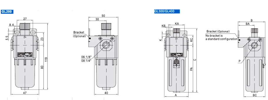 GL200 and GL300 or GL400 installation outlines with optional mounting brackets