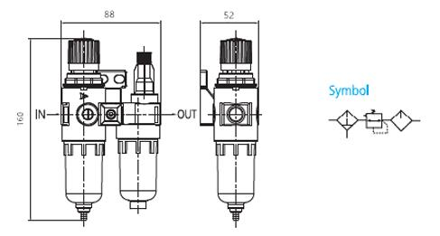 CFC2000 front and side outline and pneumatic symbol
