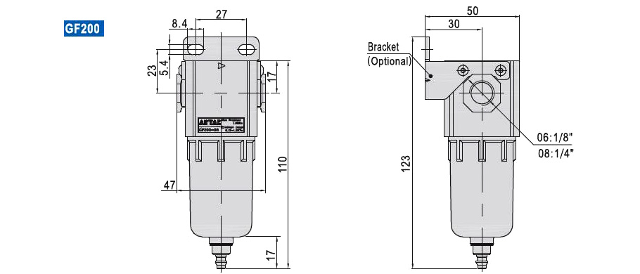GF200 filter installation outline and optional mounting bracket