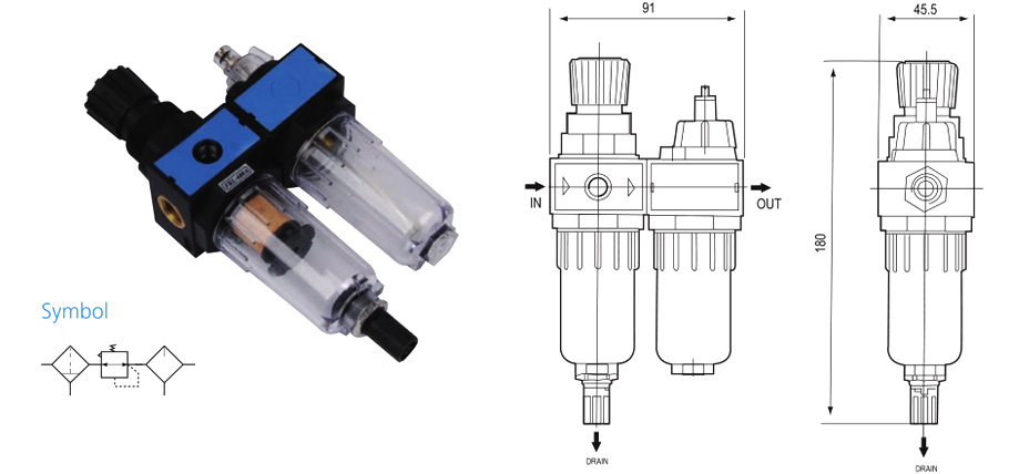 FRL600A two-unit outline and pneumatic symbol