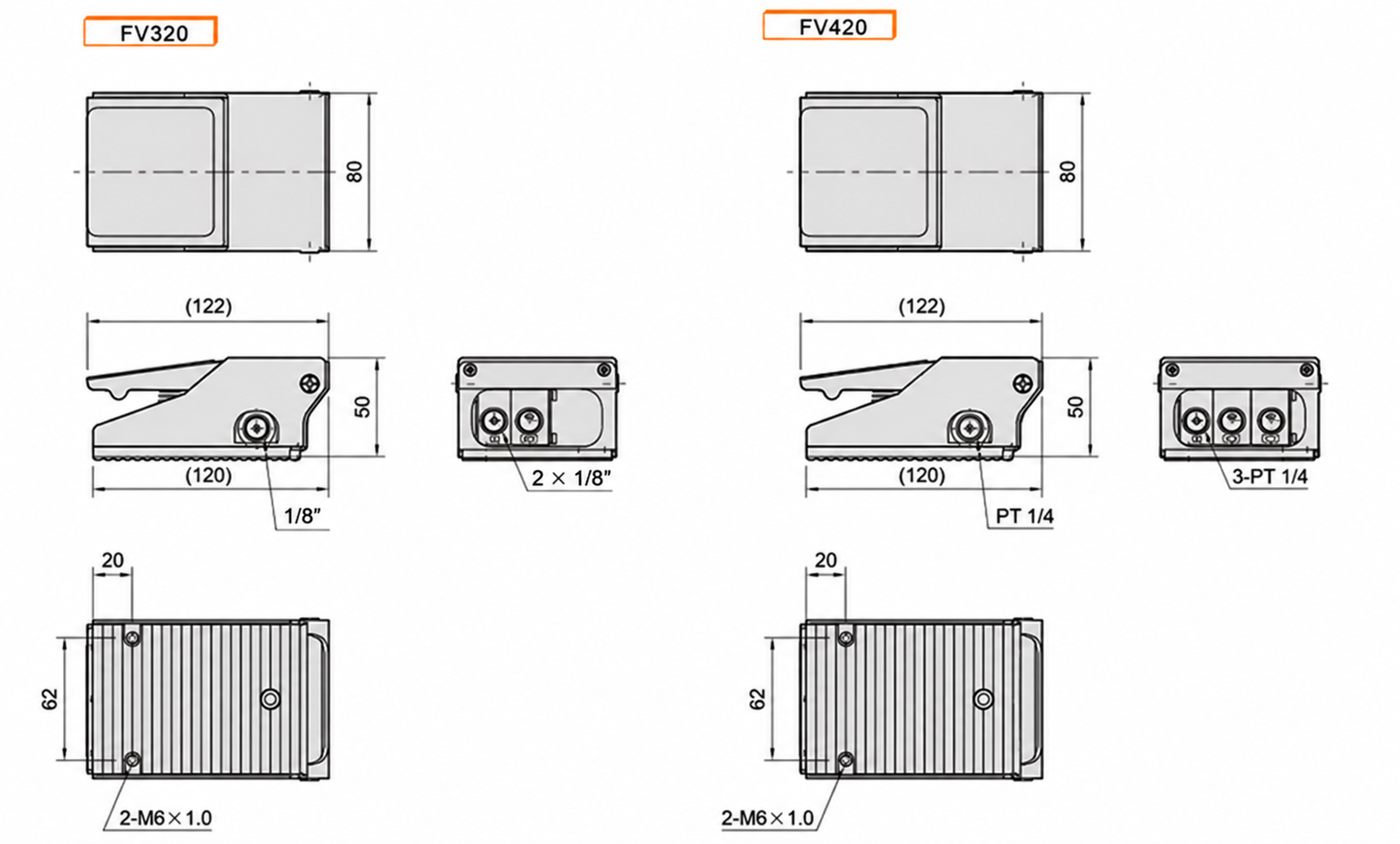 FV320 and FV420 foot valve outlines with port sizes and mounting dimensions