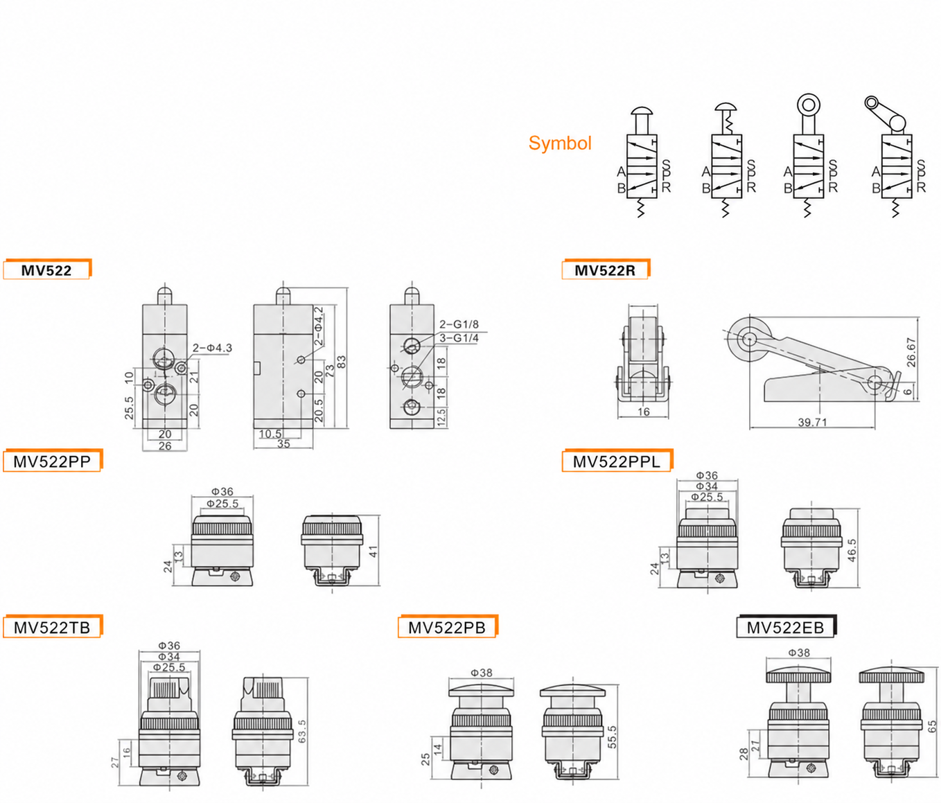 MV522 five-port flow symbols and dimensions for seven mechanical actuator configurations