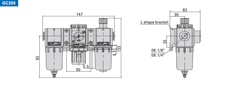 GC200 front and side mounting dimensions
