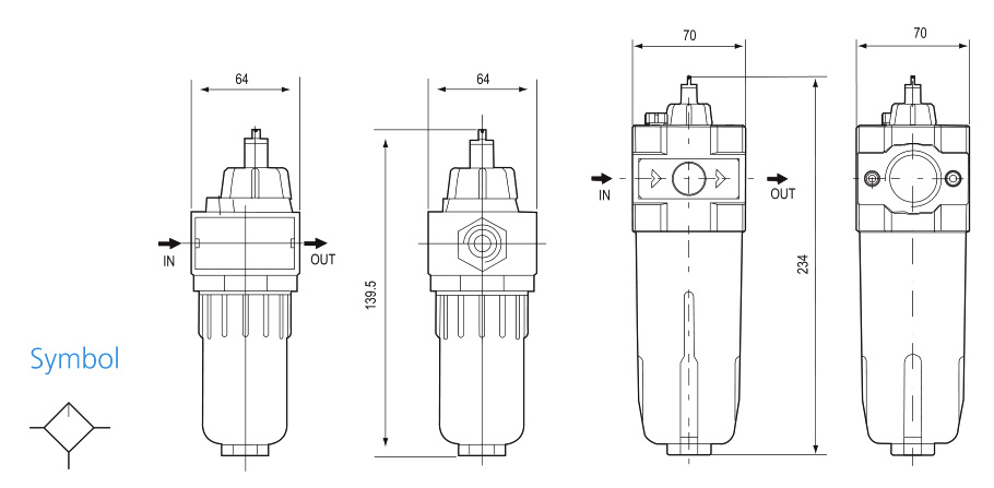 UL lubricator small and large body outlines with flow direction and lubrication symbol