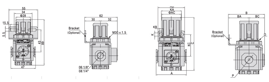 GR regulator mounting outlines and dimension references
