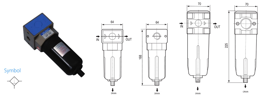UF air-filter outlines showing air-flow direction and drain position