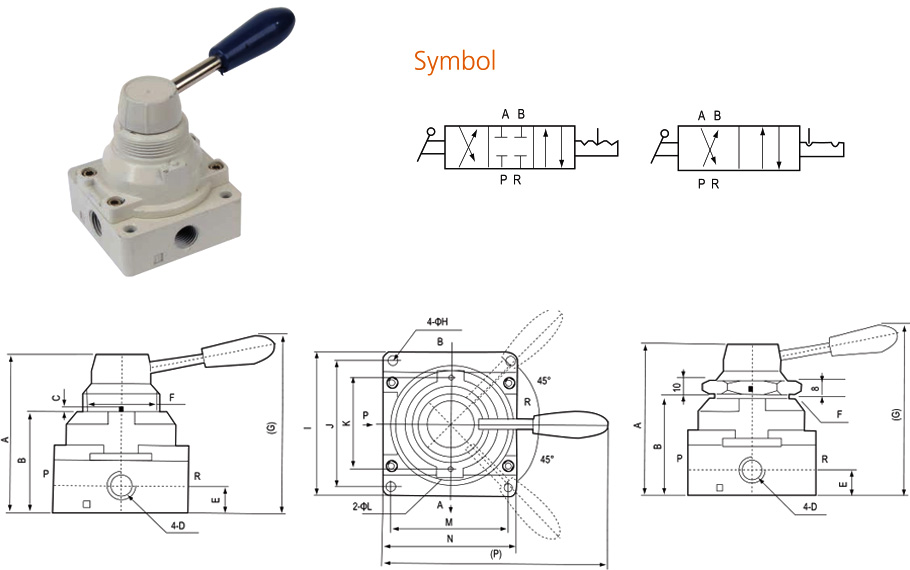 4HV two-position and three-position symbols with outline, mounting and lever travel dimensions