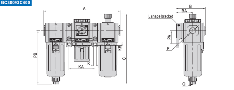 GC300 and GC400 lettered outline dimensions