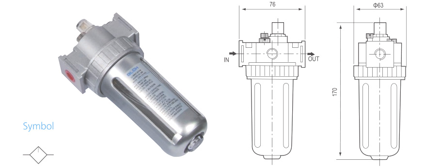 SL air lubricator with lubrication symbol and 76mm by 170mm installation outline