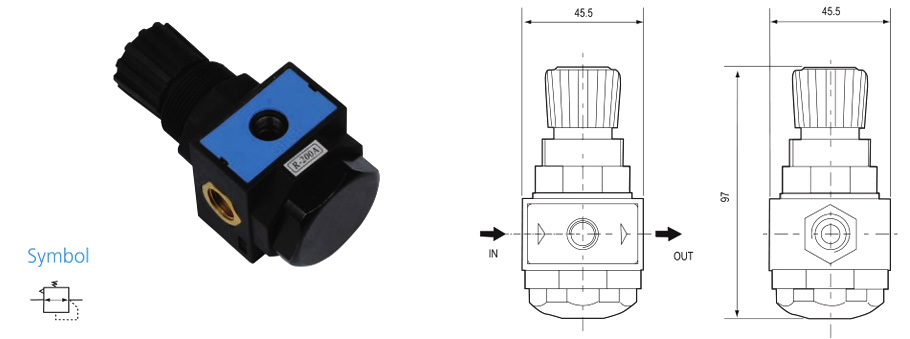 R200A regulator outline showing 45.5mm width and 97mm height