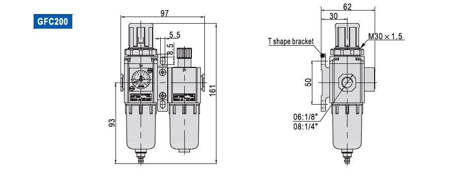 GFC200 outline and T-shaped bracket dimensions