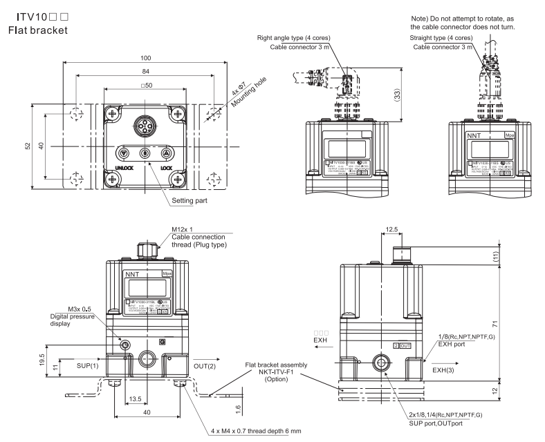 ITV1000 flat bracket, cable connector, supply, outlet and exhaust dimensions