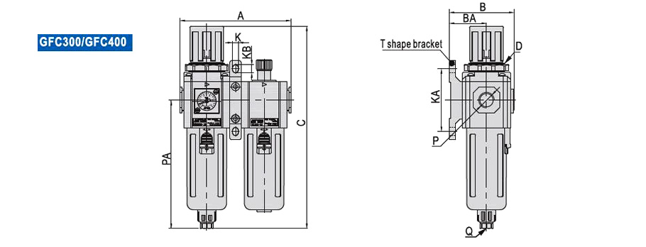 GFC300 and GFC400 lettered mounting dimensions
