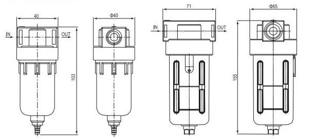 AF and BF filter installation outlines with inlet and outlet directions