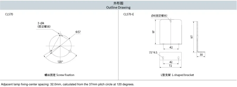 CLS70 screw fixing and CLS70-E bracket reference drawings