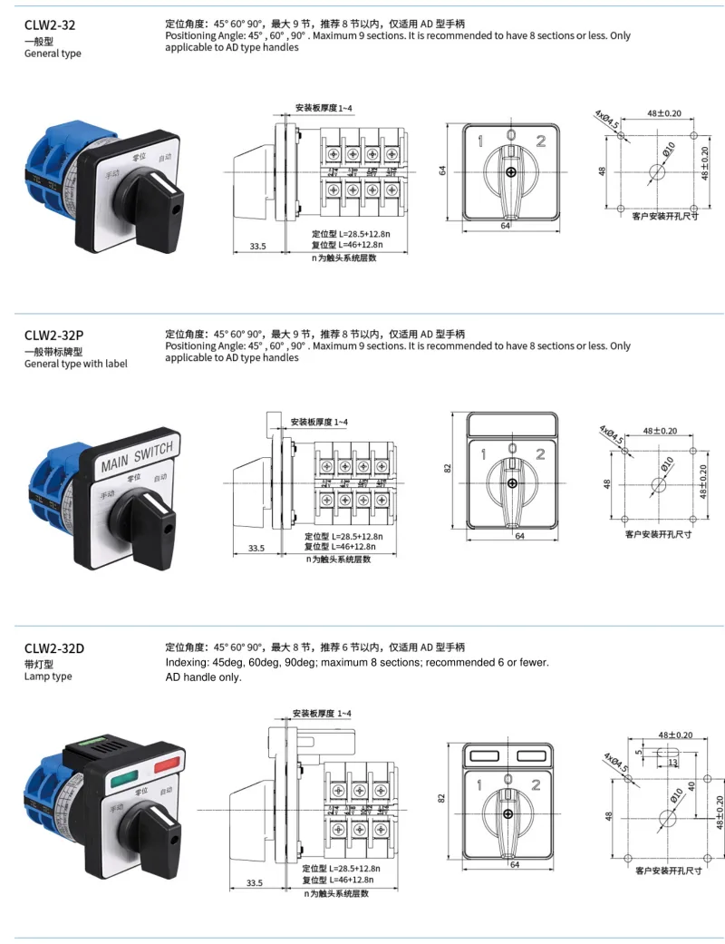 CLW2-32 conventional label and illuminated mounting dimensions