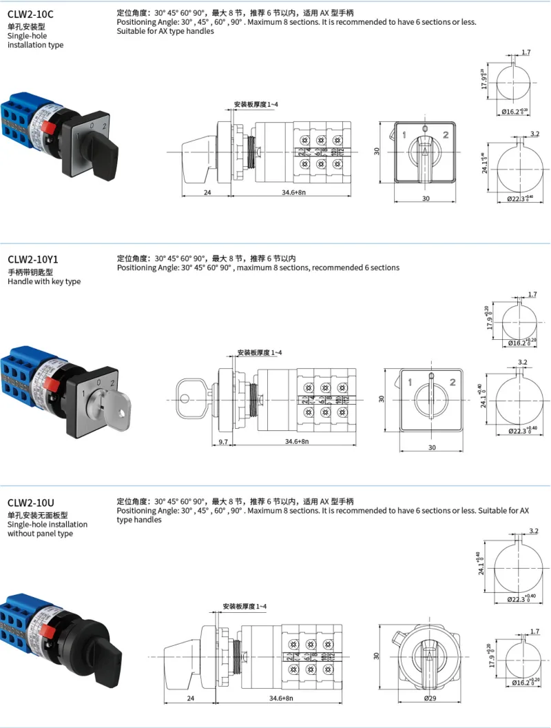 CLW2-10C Y1 U mounting dimensions panel thickness and alternative keyed cutouts