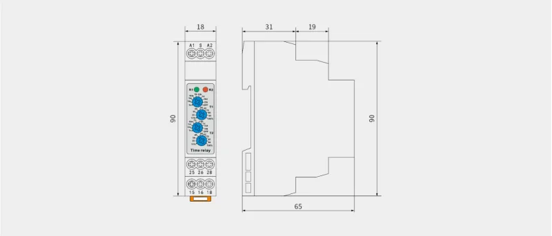 CDT6-2T front and side outline with four adjustment knobs and 90mm by 18mm by 65mm overall dimensions